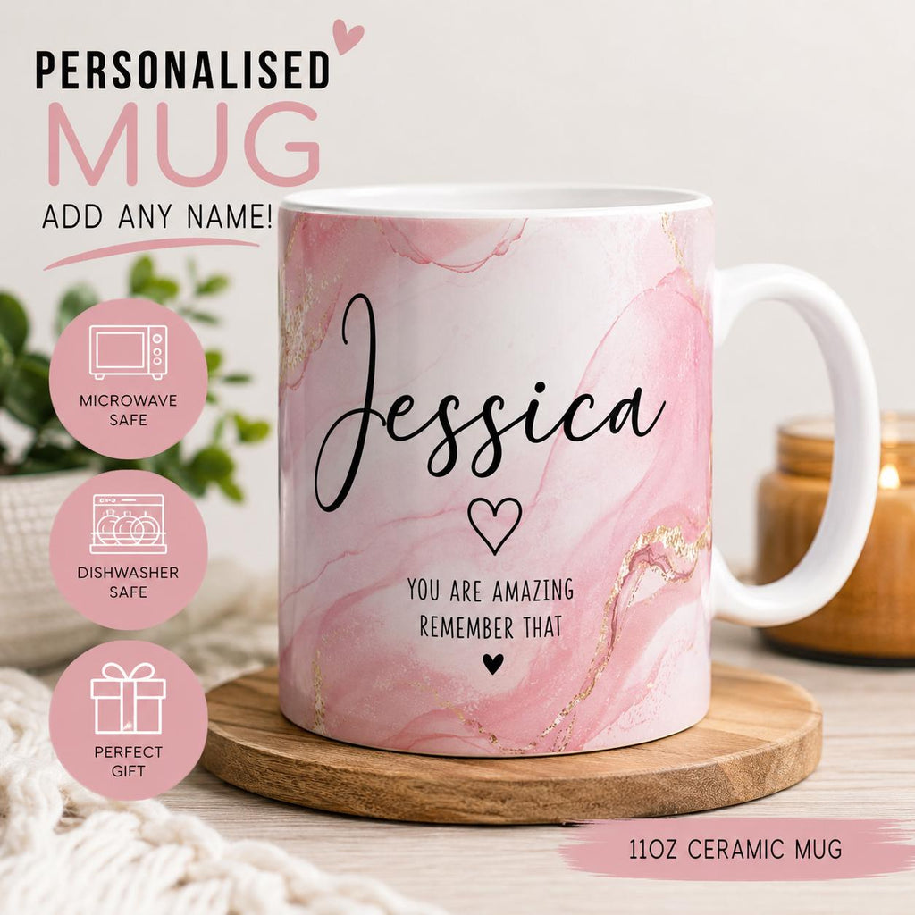 Personalised Name Mug – Pink Marble Teacher or Birthday Gift