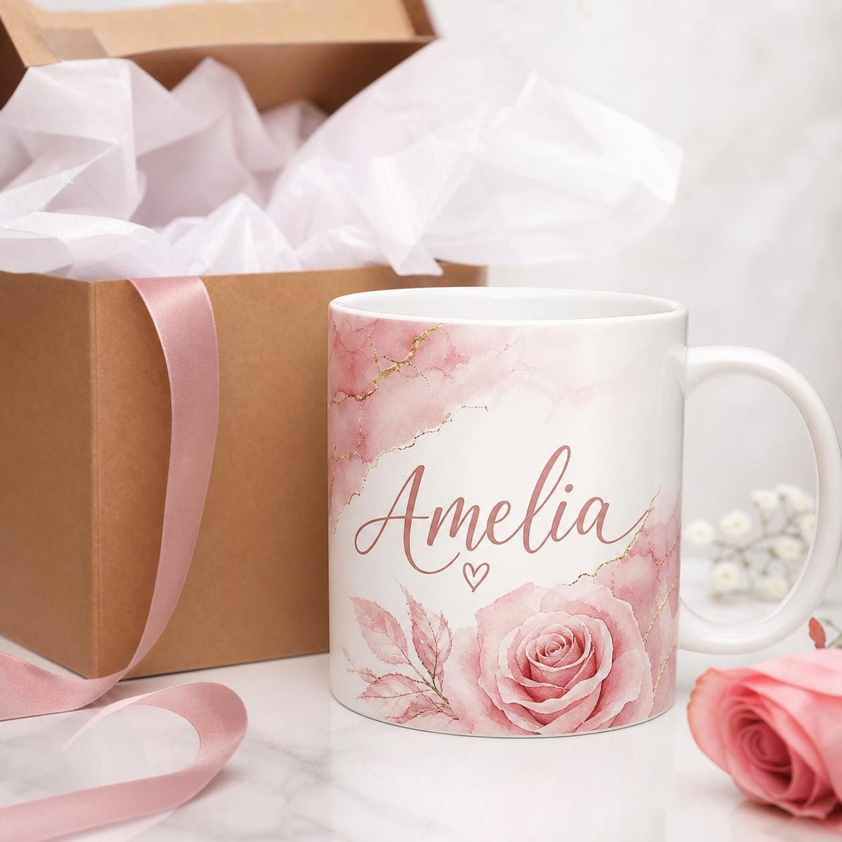 Personalised Name Mug – Pink Marble Teacher or Birthday Gift
