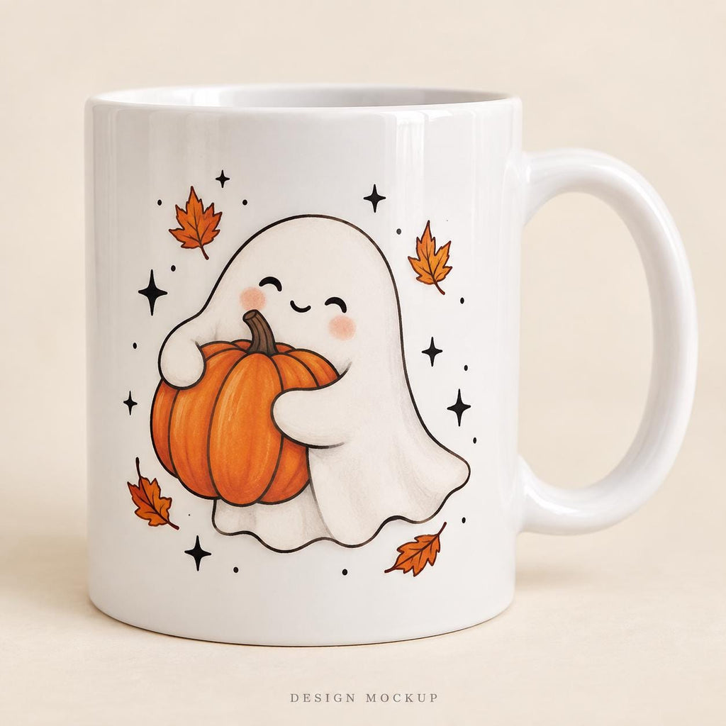 Cute Ghost Pumpkin Mug, 11oz White Ceramic Halloween Coffee Cup