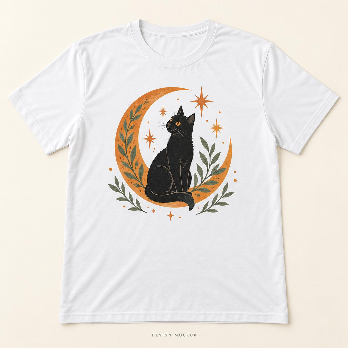 Black Cat Moon T Shirt - White Adult Halloween Top