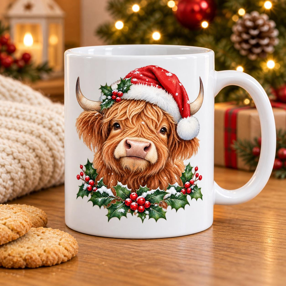Highland Cow Christmas Mug, Santa Hat Design, 11oz Ceramic Cup