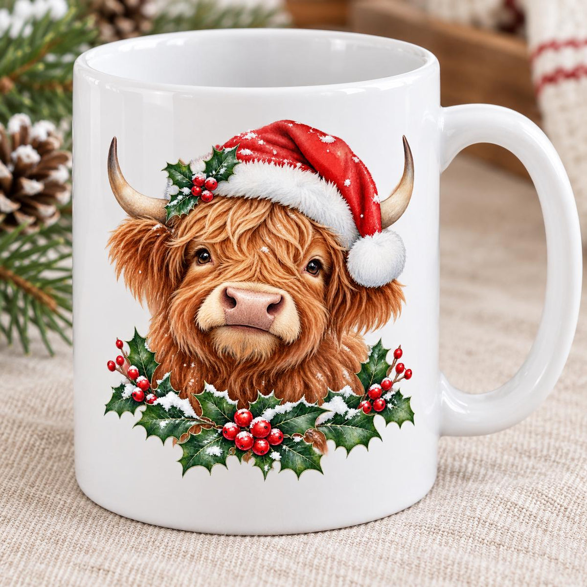 Highland Cow Christmas Mug, Santa Hat Design, 11oz Ceramic Cup