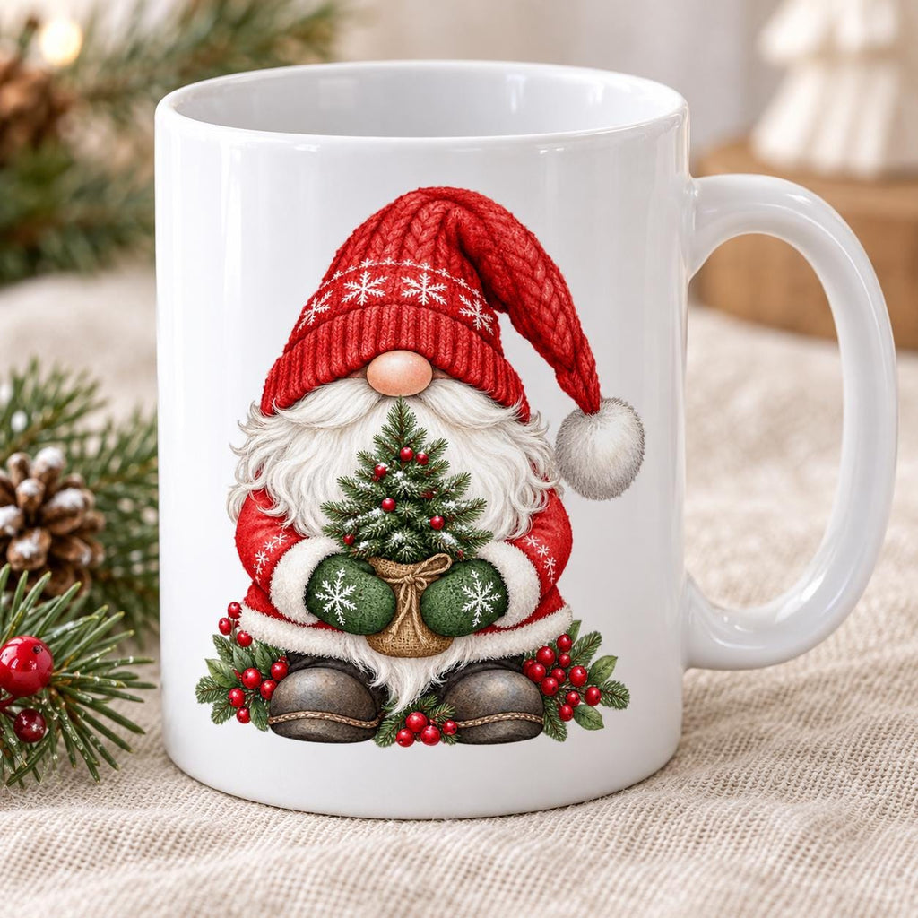 Christmas Gnome Mug, Red Hat and Fir Tree Design, 11oz Ceramic Cup