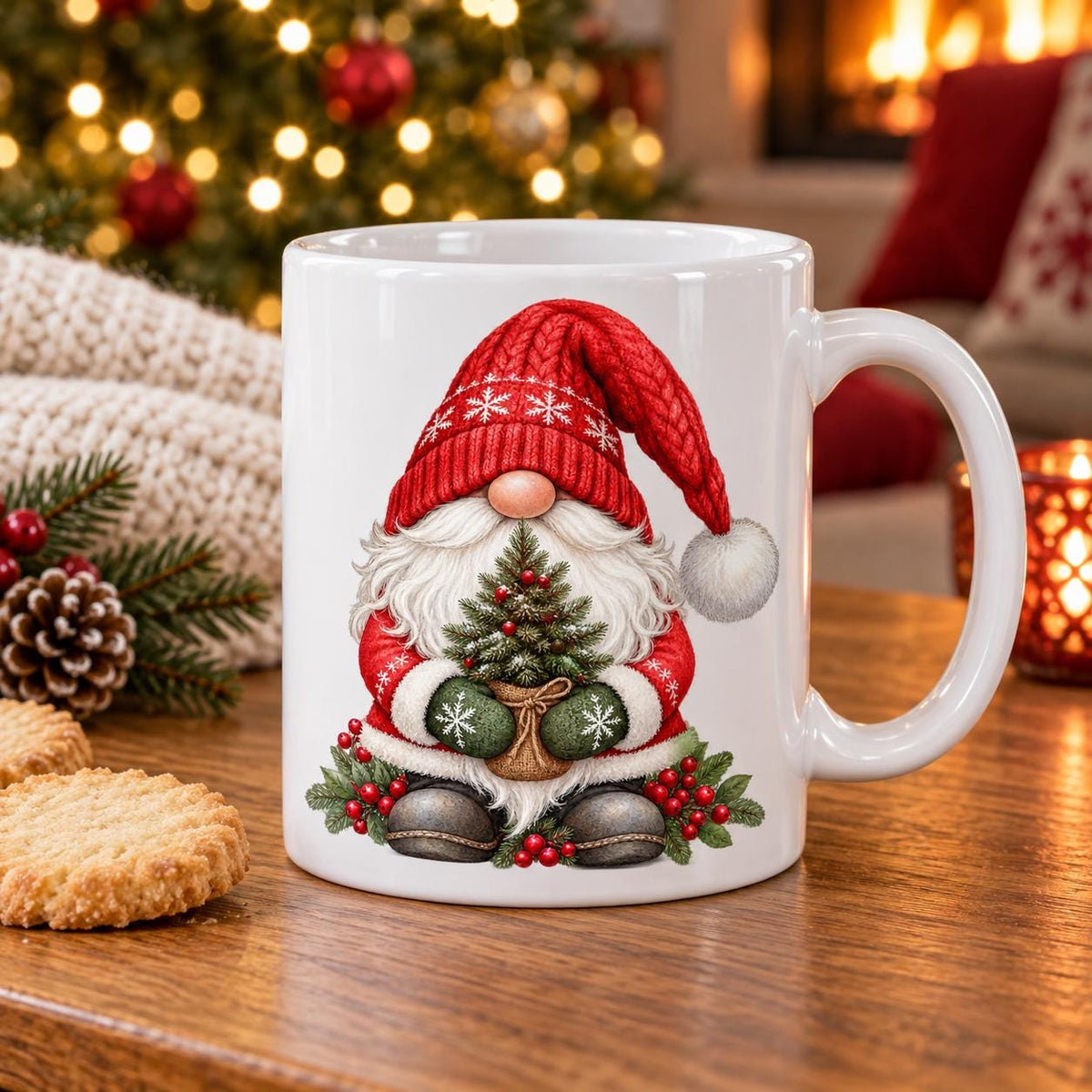 Christmas Gnome Mug, Red Hat and Fir Tree Design, 11oz Ceramic Cup