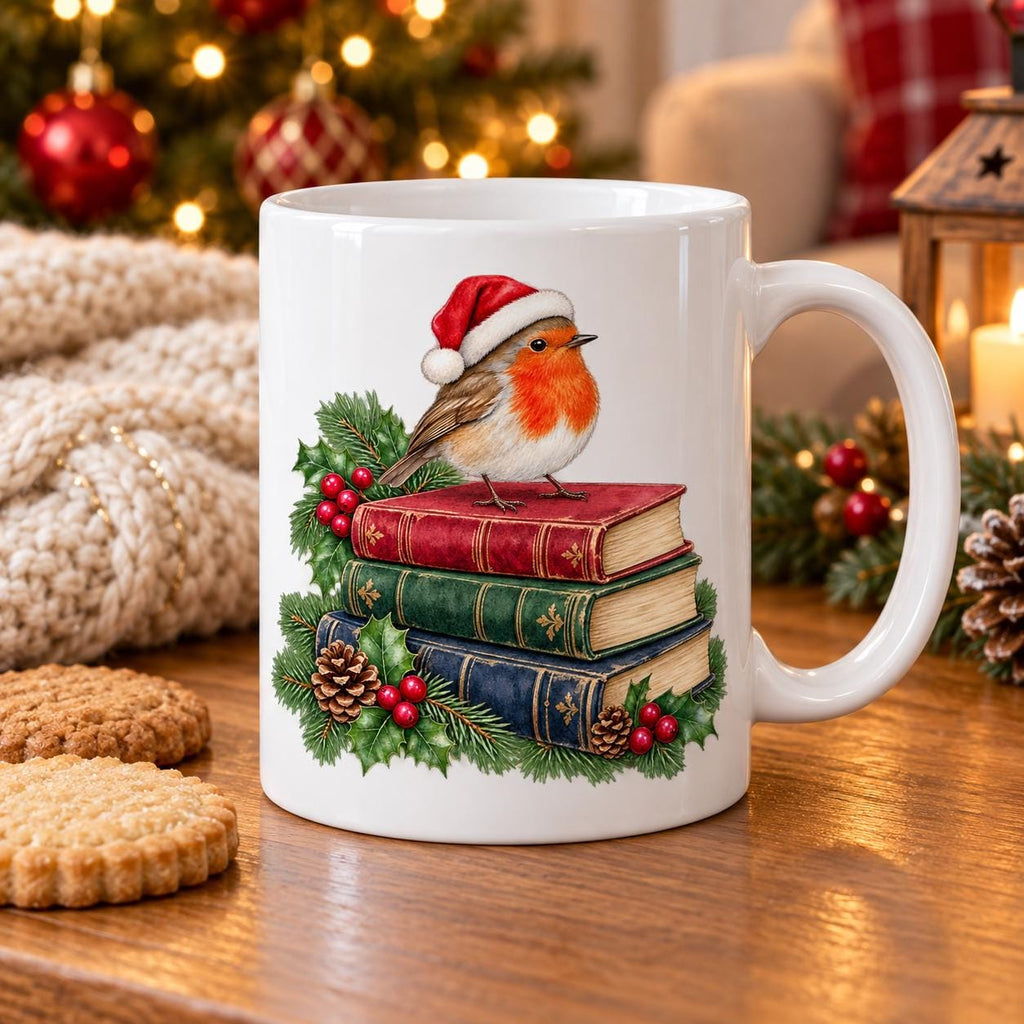 Book Lover Christmas Mug, Robin and Book Stack, 11oz Ceramic Cup