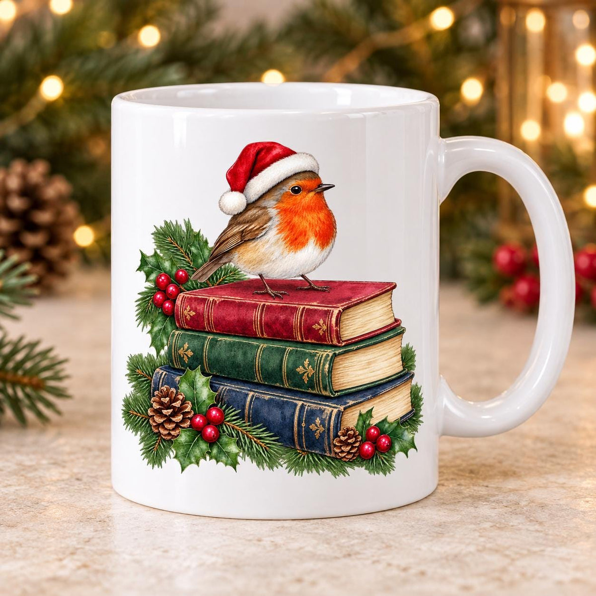 Book Lover Christmas Mug, Robin and Book Stack, 11oz Ceramic Cup