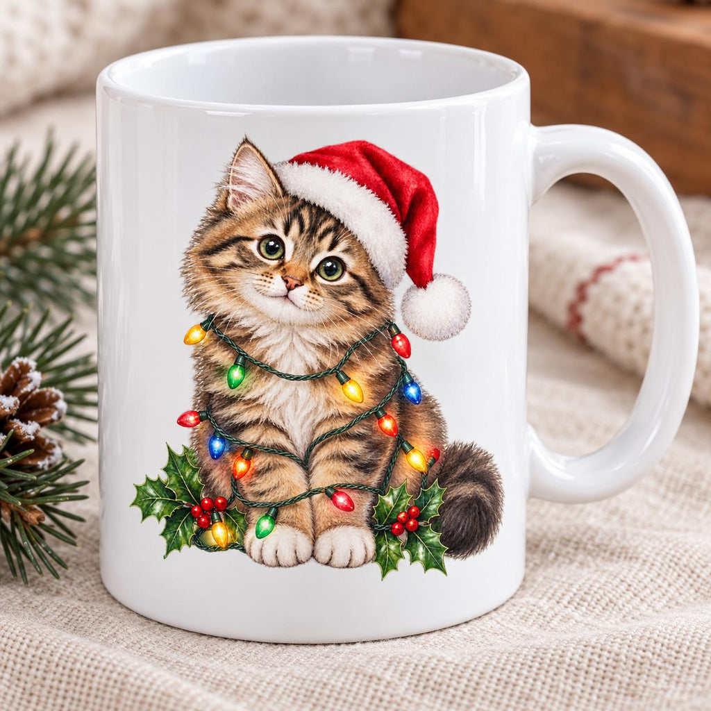 Christmas Cat Mug, Tabby with Fairy Lights, 11oz Ceramic Cup