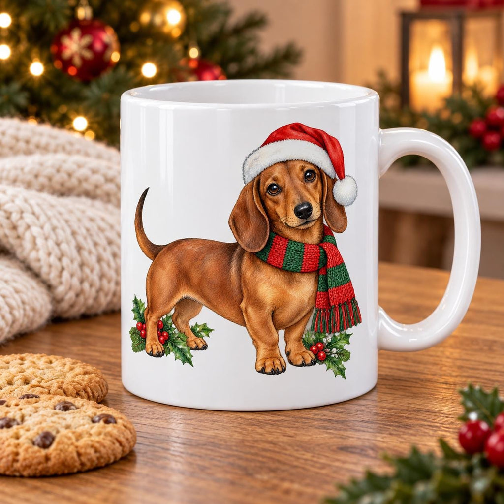 Dachshund Christmas Mug, Sausage Dog in Santa Hat, 11oz Ceramic Cup