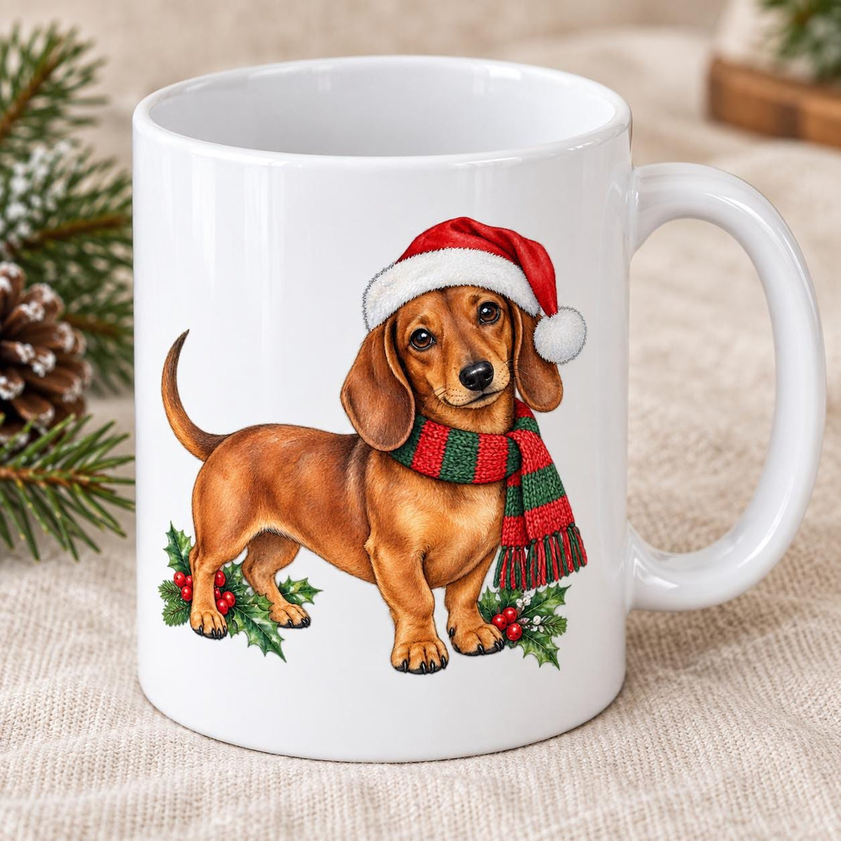 Dachshund Christmas Mug, Sausage Dog in Santa Hat, 11oz Ceramic Cup