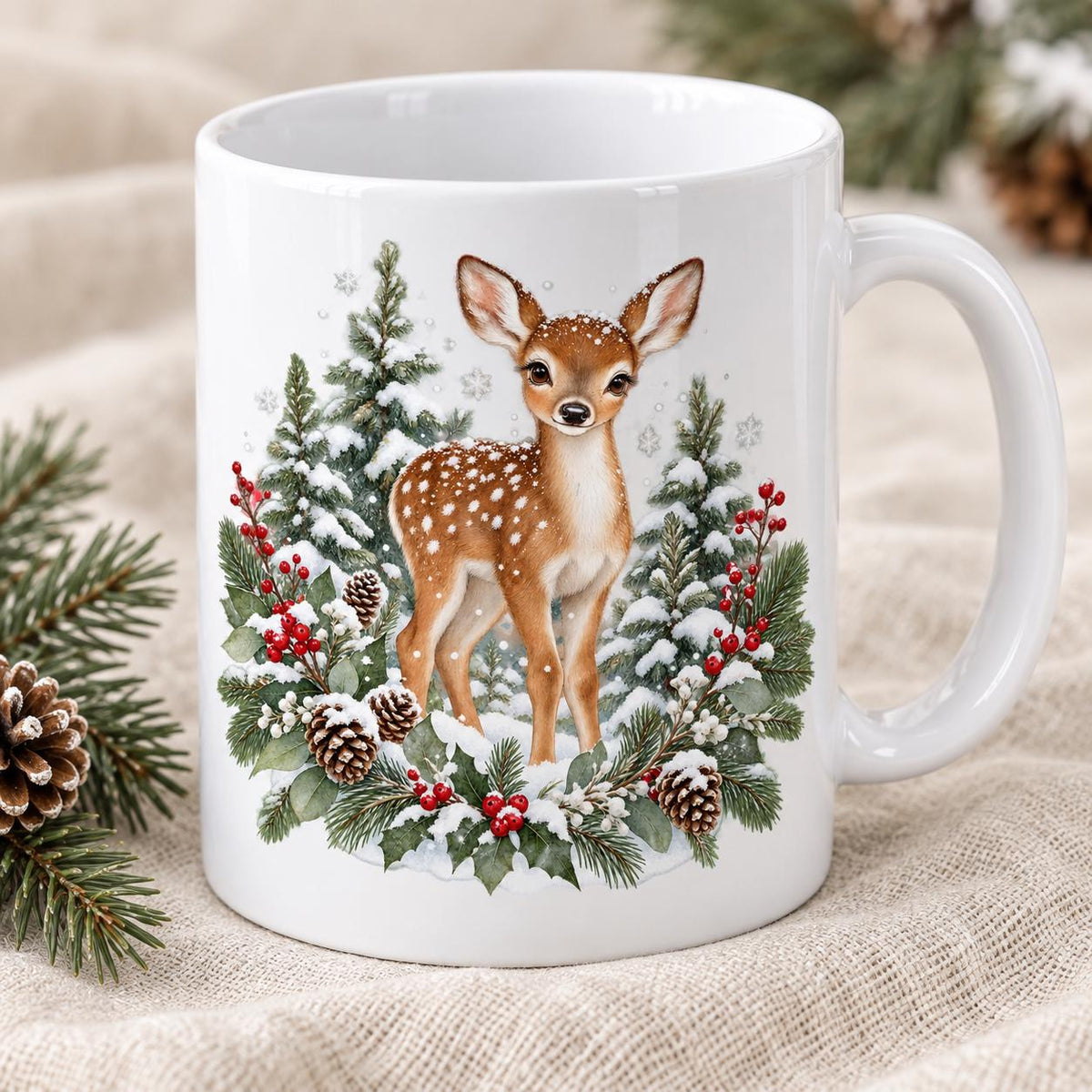 Woodland Deer Christmas Mug, Snowy Forest Design, 11oz Ceramic Cup