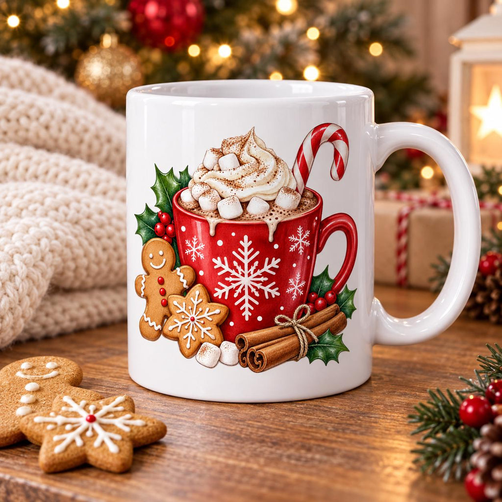 Hot Chocolate Christmas Mug, Cocoa and Gingerbread Design, 11oz Ceramic Cup