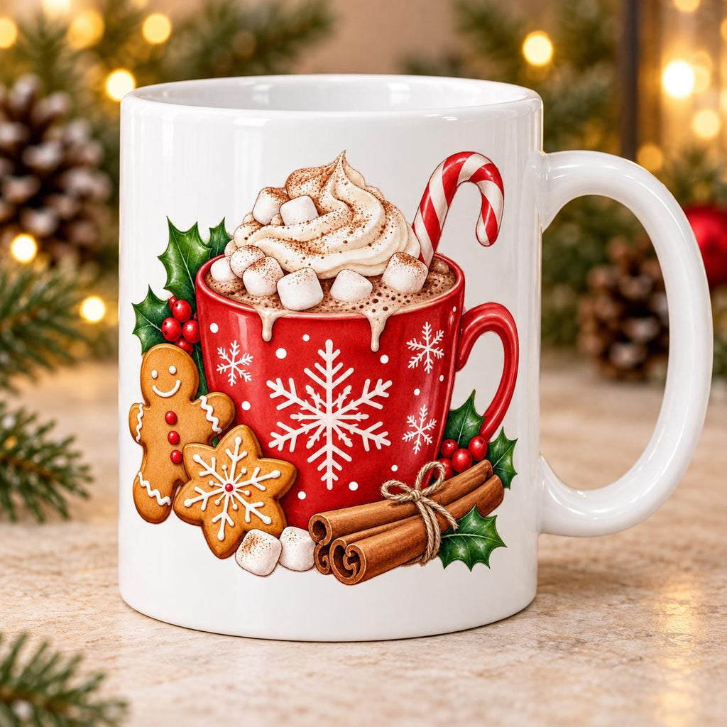 Hot Chocolate Christmas Mug, Cocoa and Gingerbread Design, 11oz Ceramic Cup