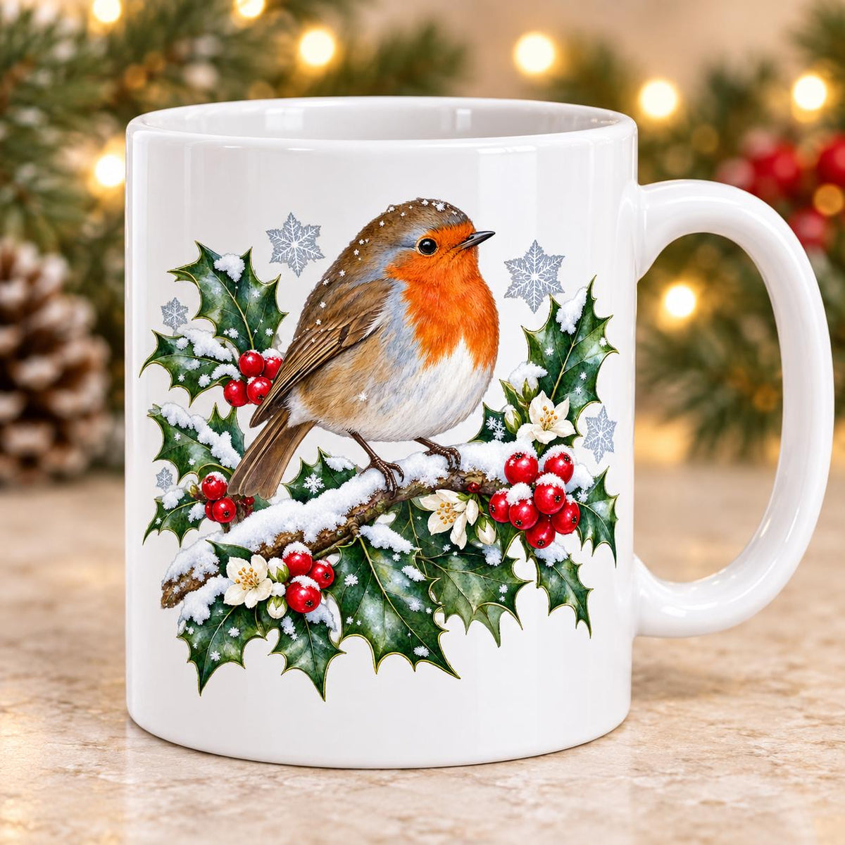 Robin Christmas Mug, Holly and Snow Design, 11oz Ceramic Cup