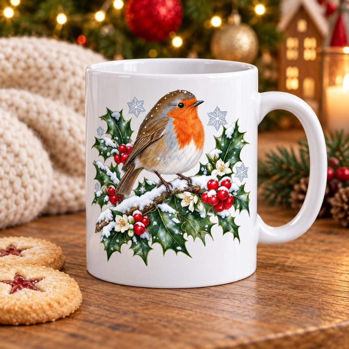 Robin Christmas Mug, Holly and Snow Design, 11oz Ceramic Cup