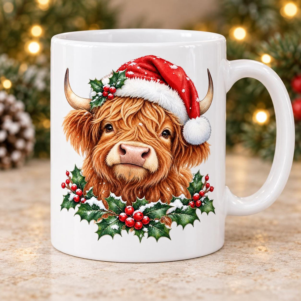 Highland Cow Christmas Mug, Santa Hat Design, 11oz Ceramic Cup