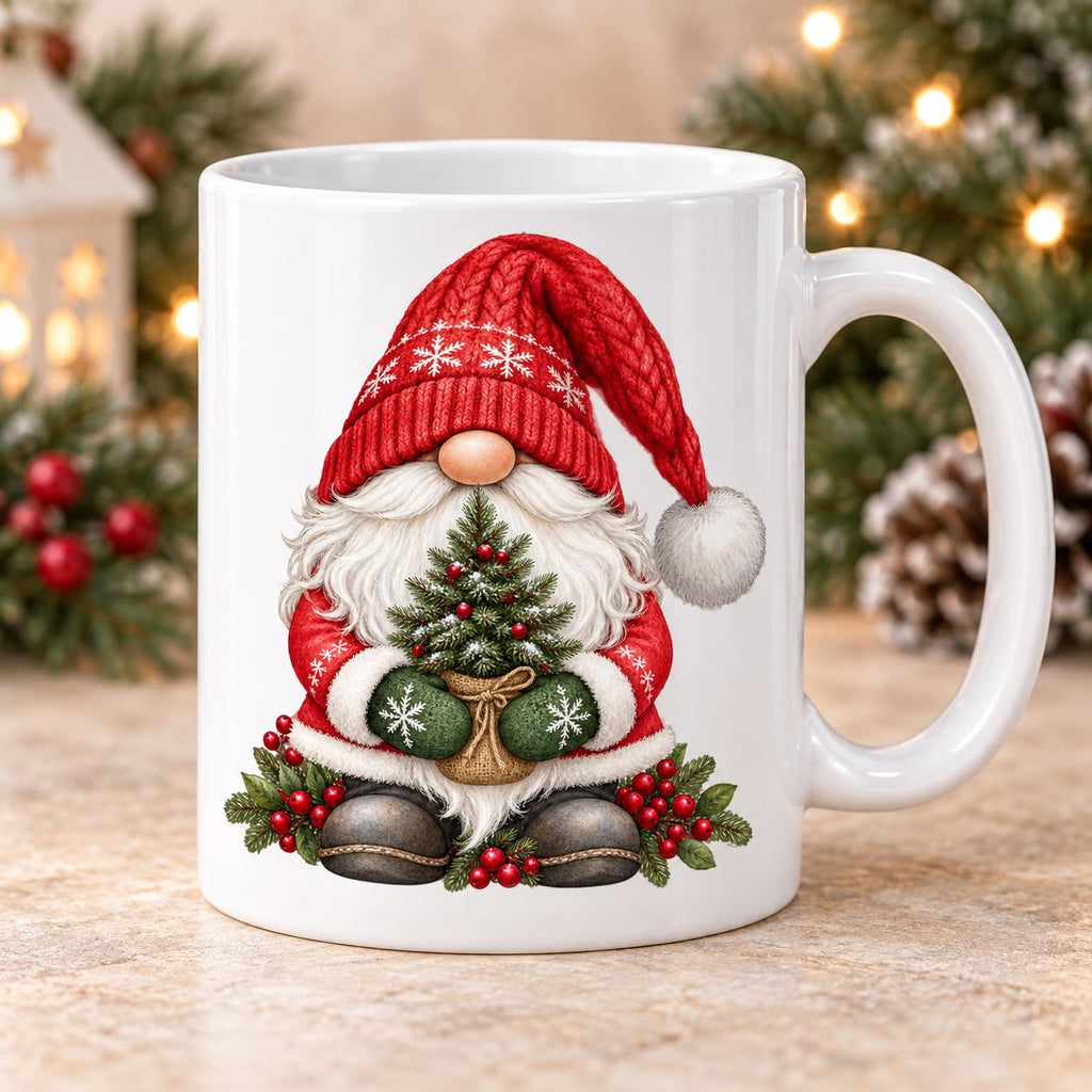 Christmas Gnome Mug, Red Hat and Fir Tree Design, 11oz Ceramic Cup