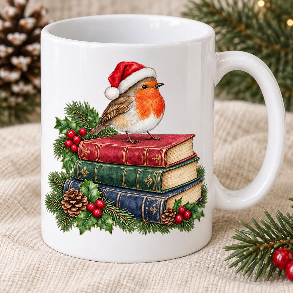 Book Lover Christmas Mug, Robin and Book Stack, 11oz Ceramic Cup