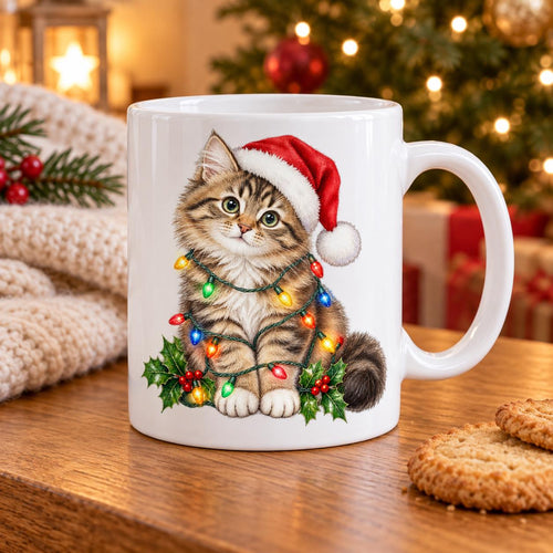 Christmas Cat Mug, Tabby with Fairy Lights, 11oz Ceramic Cup