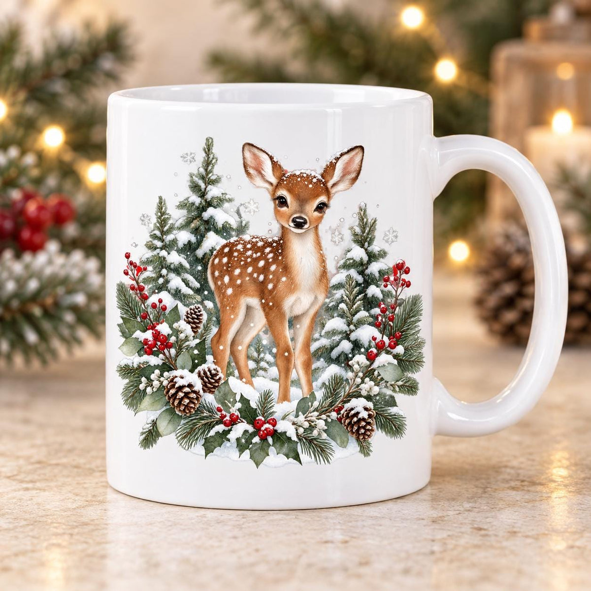 Woodland Deer Christmas Mug, Snowy Forest Design, 11oz Ceramic Cup