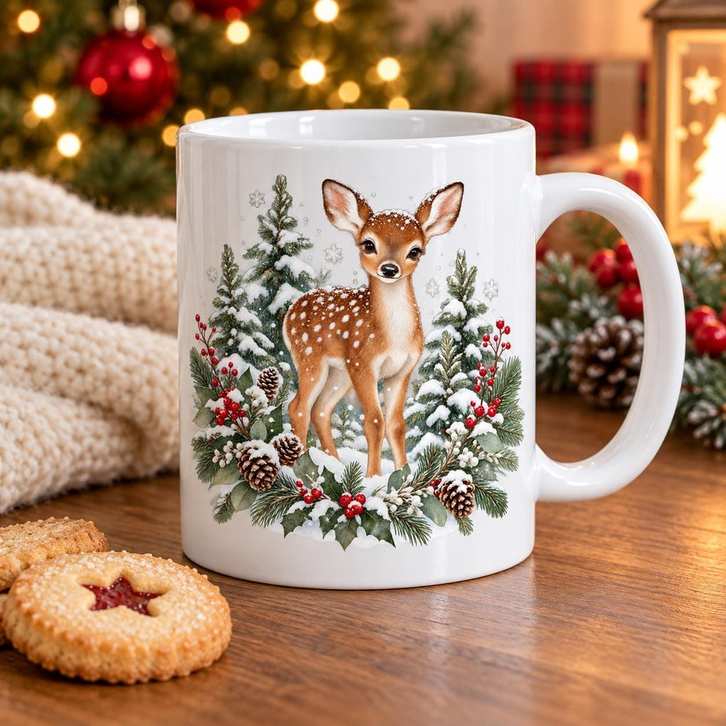 Woodland Deer Christmas Mug, Snowy Forest Design, 11oz Ceramic Cup