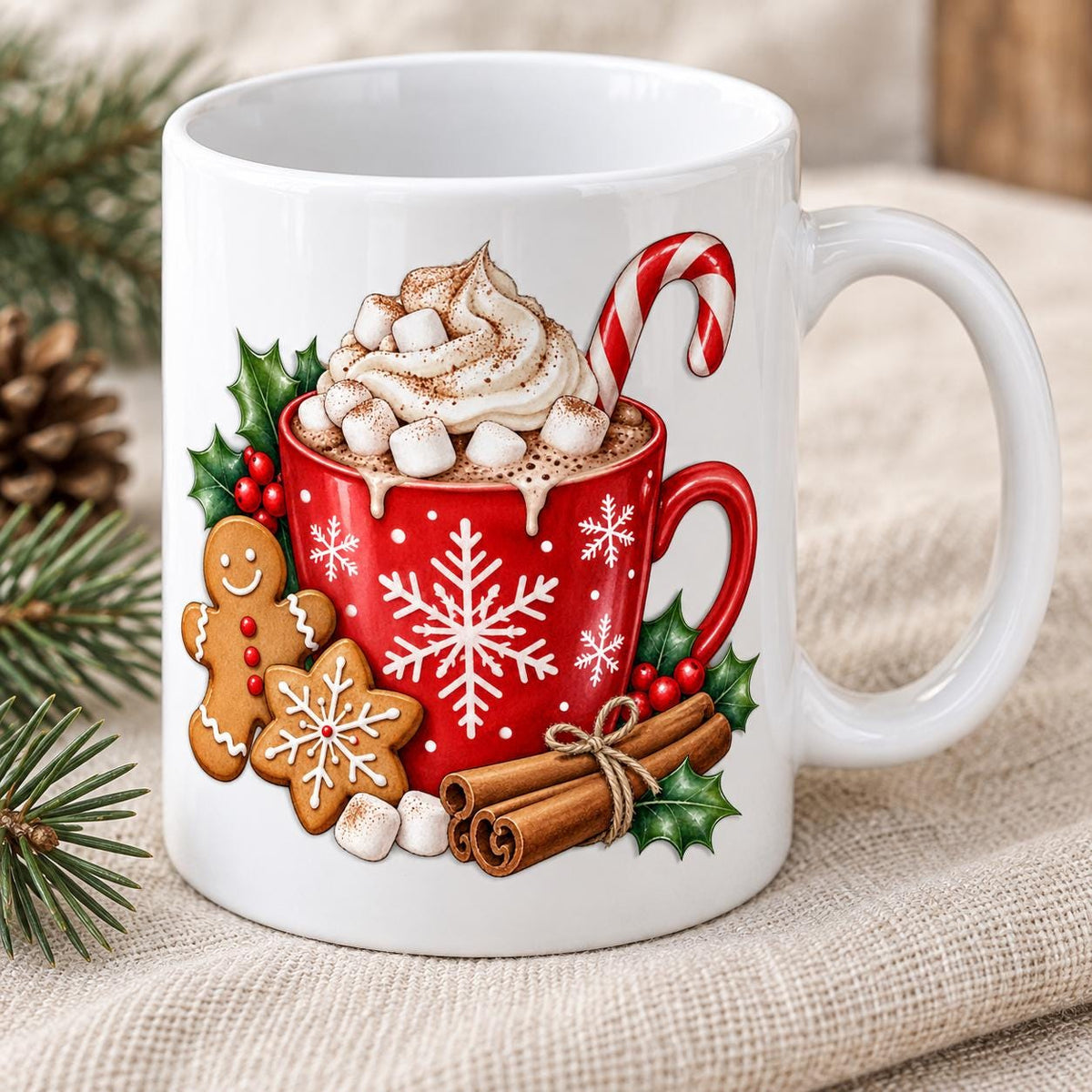 Hot Chocolate Christmas Mug, Cocoa and Gingerbread Design, 11oz Ceramic Cup