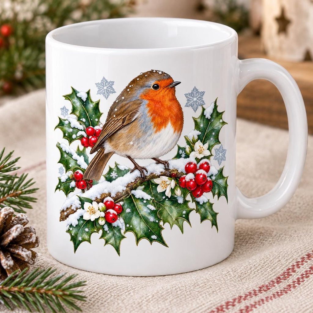 Robin Christmas Mug, Holly and Snow Design, 11oz Ceramic Cup